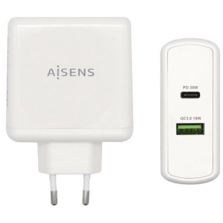 Aisens Cargador 48W con USB-C PD3.0 30W y USB-A QC3.0 18W Blanco